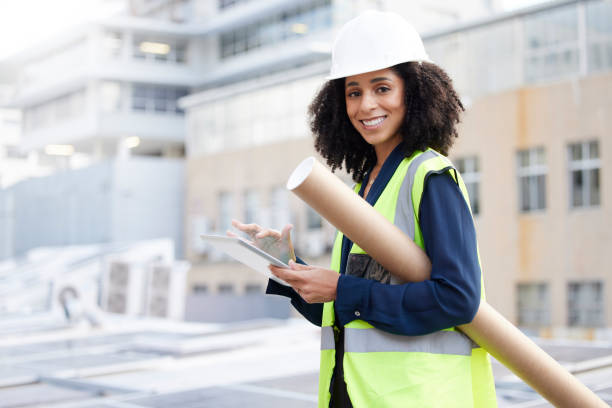 istock Engineering, tablet and an architect woman outdoor for planning, search or communication for project. Portrait of engineer person with technology in city for construction, architecture or design app 1667274231