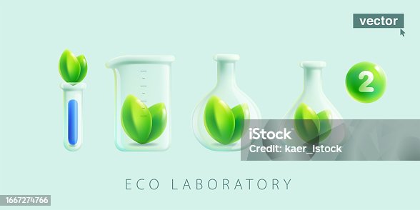 istock Biological laboratory equipment. Realistic 3D render glass tube, flask, and beaker with green leaves inside. Eco illustration. 1667274766