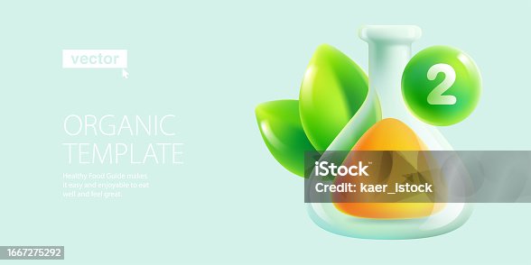 istock Chemical cone flask with liquid, green leaves, and notification sphere. Eco illustration. 1667275292