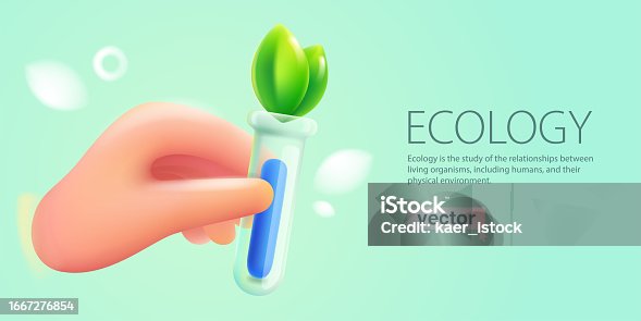 istock Hand holding chemical test tube with liquid and green leaves inside. Eco illustration. 1667276854