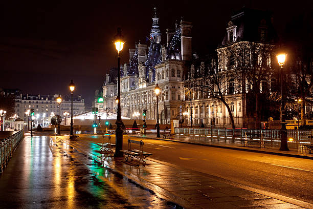 view of Hotel de Ville (City Hall) in Paris, France at night