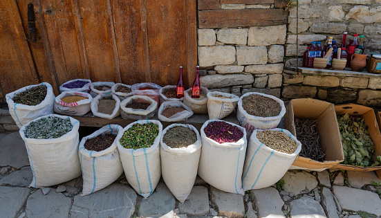 At the sale of spices on the main street of the ancient highland village of Lagych. On the street they sell handicrafts and spices. Lagych village. Ismayilli. Azerbaijan.