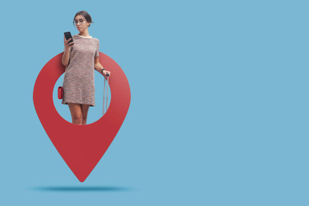 Young traveling woman in a GPS pin using her smartphone and booking services, travel and tourism concept