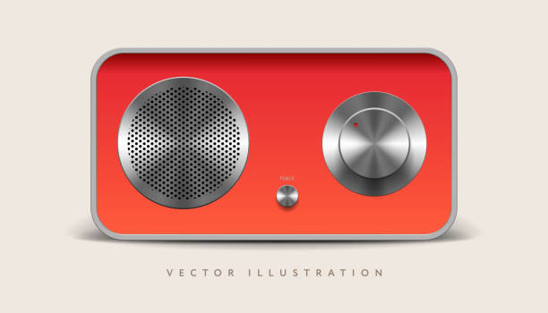 Portable sound speaker mockup, red vintage style, front view. Realistic vector illustration vector art illustration