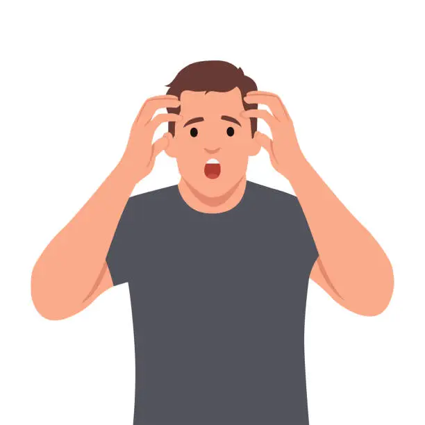 Vector illustration of Shocked or amazed young business man holding hands on head and keeping mouth open. Headache pain or stress.