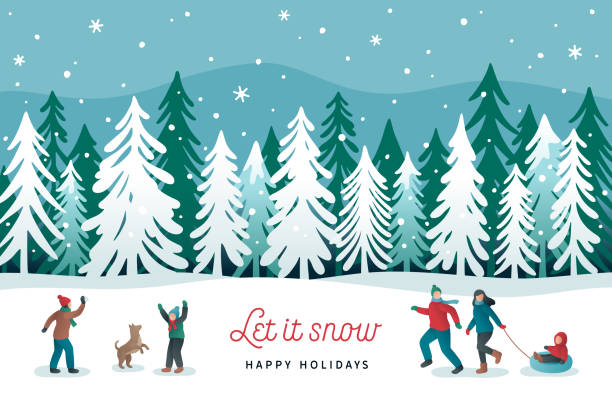 행복한 가족과 함께하는 겨울 숲 휴가 배경 - computer graphic child snowflake vector stock illustrations