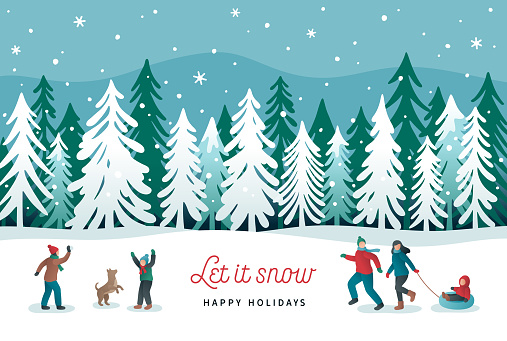 Happy family playing in the snow in a beautiful winter forest. Vector illustration of winter forest covered in snow with people playing.