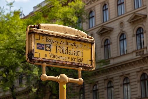 Budapest, Hungary - April 22, 2023: A picture of a street sign in Budapest.