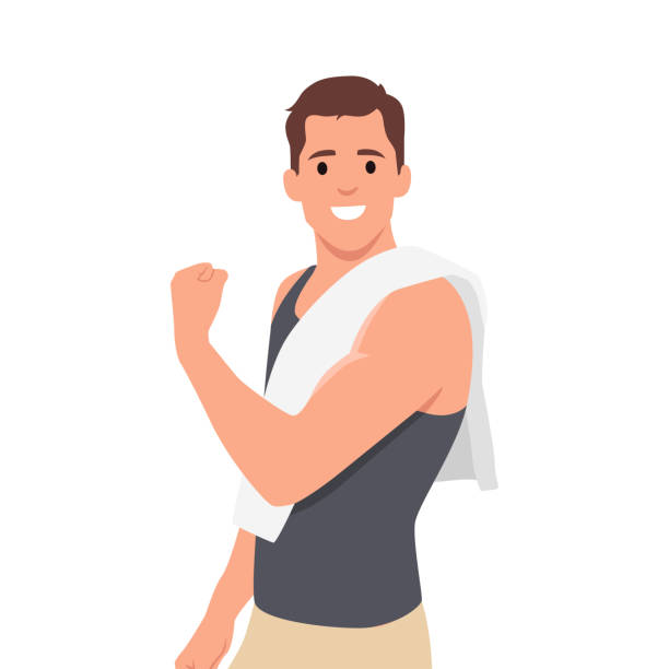 若い男は胴体と肩帯の発達した筋肉を示しています。肩にタオルをかけて筋肉を曲げる。 - flexing muscles illustrations点のイラスト素材／クリップアート素材／マンガ素材／アイコン素材
