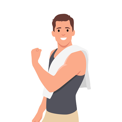 Young man shows developed muscles of the torso and shoulder girdle. Flexing his muscle with towel on his shoulder. Flat vector illustration isolated on white background