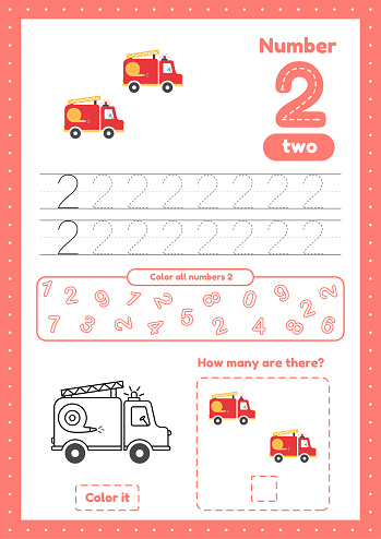 Activity worksheets for kids education with many exercises. Learning numbers. Number 2. Trace, color, counting games on one page