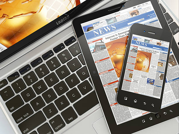 istock Digital news. Laptop, mobile phone and tablet pc 166732848