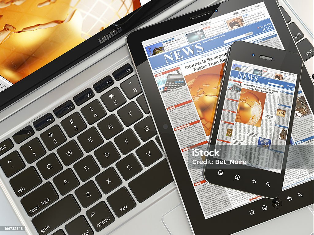 Digital news. Laptop, mobile phone and tablet pc Digital news. Laptop, mobile phone and digital tablet pc. 3d Communication Stock Photo