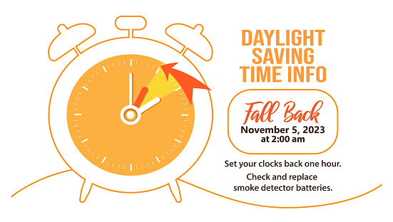 Daylight saving time ends 5 november 2023 banner. Fall Back time. Simple banner with alarm clock and info abouth chanhing time. Clock change back one hour. Reminder schedule. USA and Canada