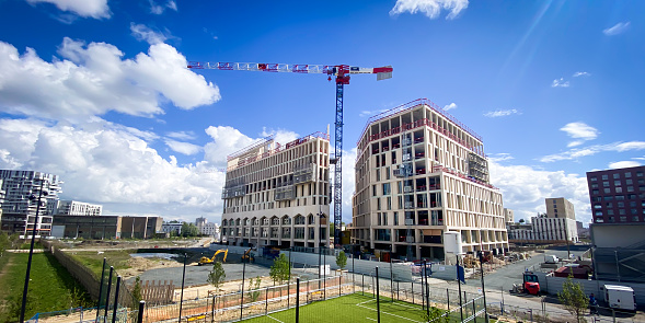 Bordeaux, France - April 22, 2023 : New office and apartment buildings under construction in the Euratlantique district in Bordeaux, France