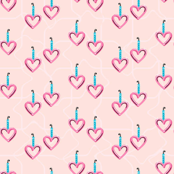 istock Cute girlish beaded earrings. Handmade jewelry, bijouterie with hearts. Vector cartoon seamless pattern, 90s fashion. 1667338841