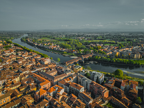 Aerial View Pavia, Italy. Ponte coperto by drone. Lombardy Italia.