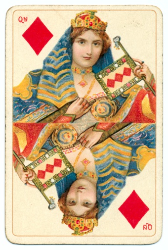 This is the Queen of Diamonds from a well-known deck of vintage /antique (19th century) playing cards. It was printed in chromolithography by Bernard (Bernhard) Dondorf from Frankfurt aM, Germany, and the deck included characters from Shakespeare's plays as face cards. The Queen of Diamonds is illustrated as Katherine of Aragon, from the play (Henry VIII). Bernard (Bernhard) Dondorf opened a lithographic printing business in 1833, first producing playing cards in 1839. His playing cards were popular for their designs and overall quality. He retired from the business in 1872 after producing popular and widely-copied designs for many years.