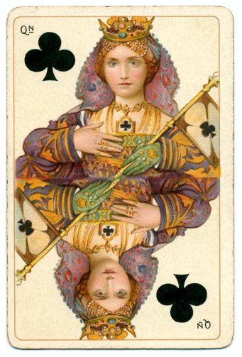 This is the Queen of Clubs from a well-known deck of vintage /antique (19th century) playing cards. It was printed in chromolithography by Bernard (Bernhard) Dondorf from Frankfurt aM, Germany, and the deck included characters from Shakespeare's plays as face cards. The Queen of Clubs is illustrated as Lady Anne from the play (Richard III). Bernard (Bernhard) Dondorf opened a lithographic printing business in 1833, first producing playing cards in 1839. His playing cards were popular for their designs and overall quality. He retired from the business in 1872 after producing popular and widely-copied designs for many years.