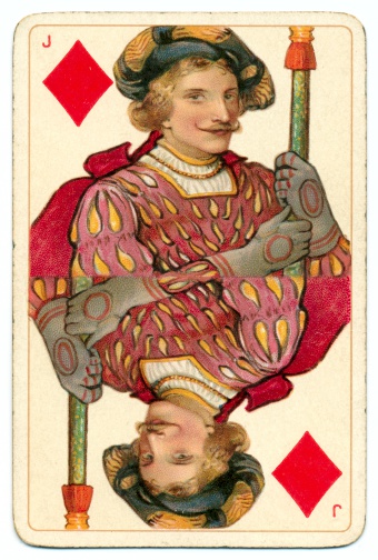This is the Jack of Diamonds from a well-known deck of vintage /antique (19th century) playing cards. It was printed in chromolithography by Bernard (Bernhard) Dondorf from Frankfurt aM, Germany, and the deck included characters from Shakespeare's plays as face cards. The Jack of Diamonds is illustrated as Sir Thomas Lovell from the play (Henry VIII). Bernard (Bernhard) Dondorf opened a lithographic printing business in 1833, first producing playing cards in 1839. His playing cards were popular for their designs and overall quality. He retired from the business in 1872 after producing popular and widely-copied designs for many years.