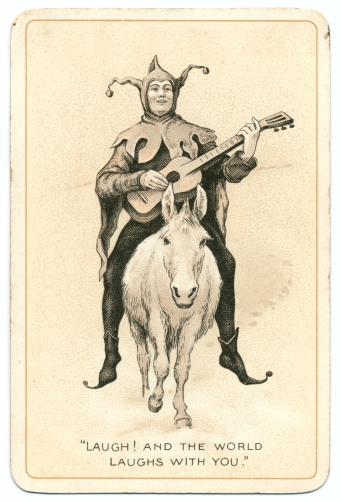 This is the original Joker playing card from the 'Shakespeare' 1895 deck, produced by Bernhard Dondorf in Germany for the London company C. W. Faulkner & Co. This card shows the Joker riding on the back of a donkey. Curiously, the quotation at the bottom 'Laugh and the world laughs with you' is not from Shakespeare, but from (Solitude) by 19th century poet Ella Wheeler Wilcox. After 1902, this deck was published by Dondorf with different Jokers and plain Aces of Spades as 'No 192'. C. W. Faulkner and Co. operated from Golden Lane in London, EC1. From 1882 they worked as lithographers, and also printed in gravure. Their best-quality playing cards were those printed in Germany, some by Dondorf, prior to the First World War. C. W. Faulkner and Co. were best known for their postcards and greetings cards, including Misfitz, which they produced until about 1920. The company closed in 1956.