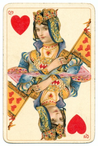 This is the Queen of Hearts from a well-known deck of vintage /antique (19th century) playing cards. It was printed in chromolithography by Bernard (Bernhard) Dondorf from Frankfurt aM, Germany, and the deck included characters from Shakespeare's plays as face cards. The Queen of Hearts is illustrated as Katherine (Catherine) of Valois (from the play (Henry V)). Bernard (Bernhard) Dondorf opened a lithographic printing business in 1833, first producing playing cards in 1839. His playing cards were popular for their designs and overall quality. He retired from the business in 1872 after producing popular and widely-copied designs for many years.