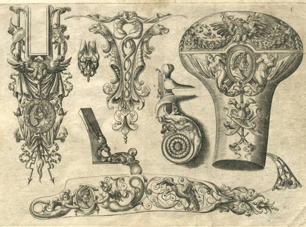 ilustrações, clipart, desenhos animados e ícones de designs ornamentais arma para conexões arquebus do século xvii - old book illustrations