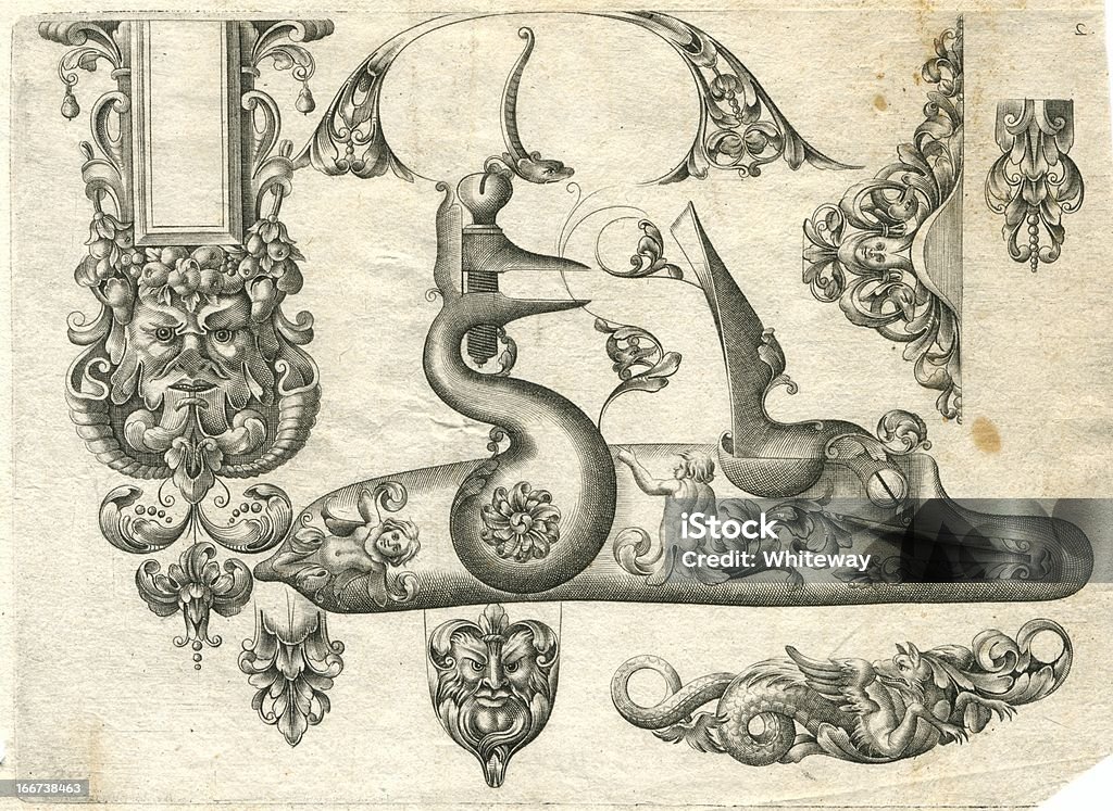 Designs for ornamental gun fittings 17th century arquebus This is page 2 of a 1660 work by C. Jacquinet (Gunsmiths and gunsmiths' ornaments). The full page is 18 x 16 centimetres in size. (The engraver seems to have made a mistake in the engraving of the page number.) Jacquinet, the French author and engraver, has crammed the gun ornaments onto the page so that some overlap slightly. The main item, in the centre, is the firing mechanism of a flintlock arquebus, a firearm that preceded the musket. An arquebus is smooth-bore – it has no rifling inside the barrel to cause a bullet to spin. As a result it would use spherical balls of metal rather than the elongated bullet shape that we recognise today. The firing mechanism works like this: The upright piece at left is the hammer, which includes a beak-like clamp with a screw. Into this clamp is fixed a piece of flint stone. When the trigger is released, the flint dashes against the frizzen (the upright piece of metal opposite), and a spark flashes down into the flash pan, a saucer containing gunpowder. The resulting explosion drives out a spherical ball that is jammed into the barrel (muzzle-loading). The arquebus decoration includes decorative faces and chubby-buttocked putti; flowers, fruit, scrolls, demons, a serpentine winged dragon and a dog. From the same document on the ornamentation of early muskets: . Cherub stock illustration
