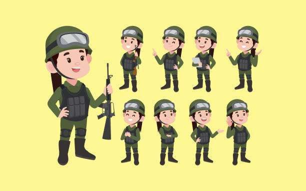 다른 포즈를 가진 군인 세트 - armed forces saluting female air force stock illustrations