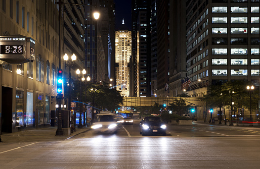 Night Traffic in Downtown Chicago Illinois USA. Toned Image.