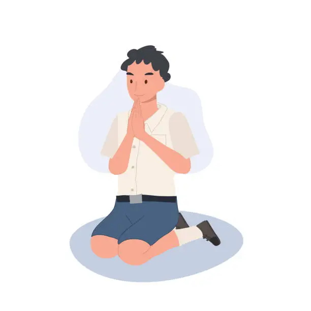 Vector illustration of Thai Culture concept. Thai student boy is sitting and praying , making wai. Praying Gesture