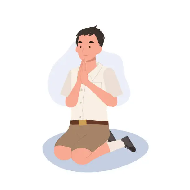 Vector illustration of Thai Culture concept. Thai student boy is sitting and praying , making wai. Praying Gesture
