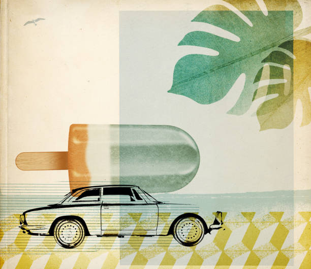 istock Summer vacations retro poster with vintage car 1667403305