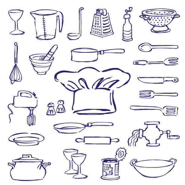 Doodle Drawn Lined Icon Kitchen Collection Vector Illustration of a Useful Drawn Doodles with Lined Icon Kitchen Collection dry measure stock illustrations