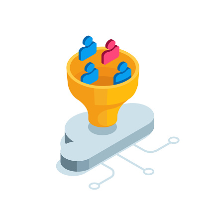 isometric watering can into the funnel of which people icons fall in color on a white background, user data storage cloud