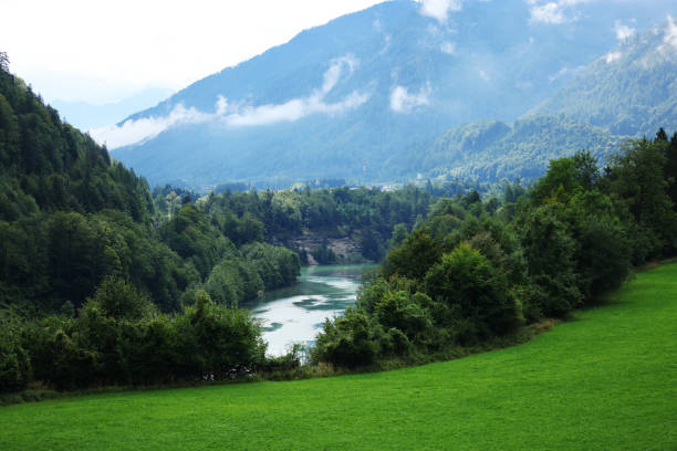Mountain river in river valley. River valley in Europe.