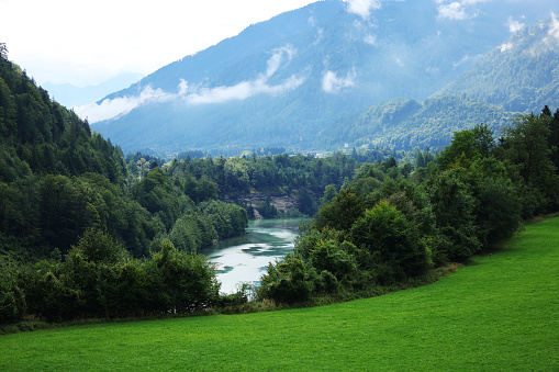 Mountain river in river valley. River valley in Europe.