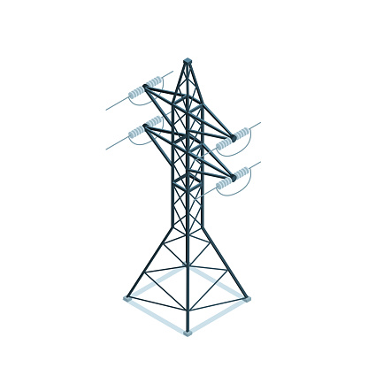 isometric high-voltage transmission tower in color on a white background, transmission of electricity through wires or clean energy