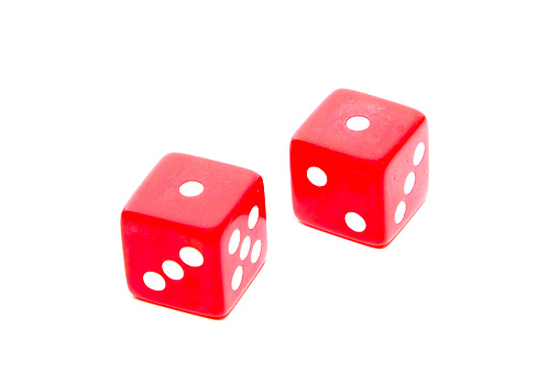 Two red dice displaying the snake eyes roll of double one against a white background.