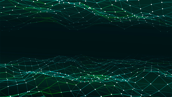 Double abstract green technology wave. Flow of particles. Big data transfer visualization. Vector illustration.
