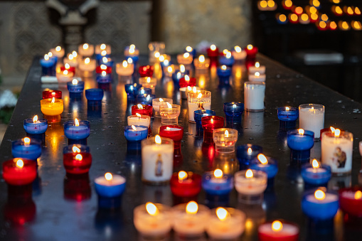 Cathedral Saint-Etienne, Metz, Lorrain, France. Catholic church, prayer candles. Historical architecture, catholic church, built 1220-1520, gothic  building.