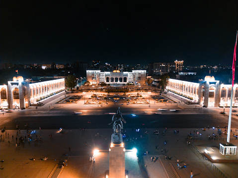 Bishkek, Kyrgyzstan - July 15, 2023: Aerial view of Bishkek city's Ala-Too central square at night