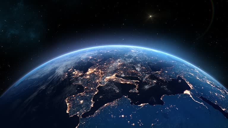 Europe from Space. Planet Earth Population Night Cities Lights. Beautiful View of the Globe Electricity Light from Orbit Satellite. Global World Technology and Business Concept.