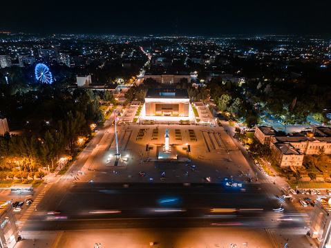 Bishkek, Kyrgyzstan - July 15, 2023: Aerial view of Bishkek city's Ala-Too central square at night