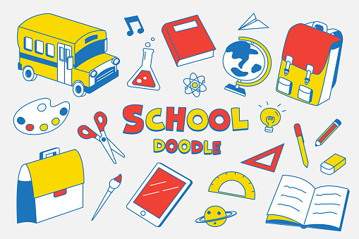 School items in hand drawing styles. Doodle back to school.