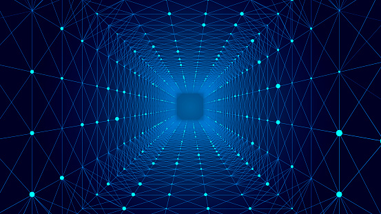 Vector cyber tunnel consisting of moving glowing points. Futuristic infinite space background. Concept of data transfer in cyberspace. Universe with stardust and wormhole. Hi-tech illustration.