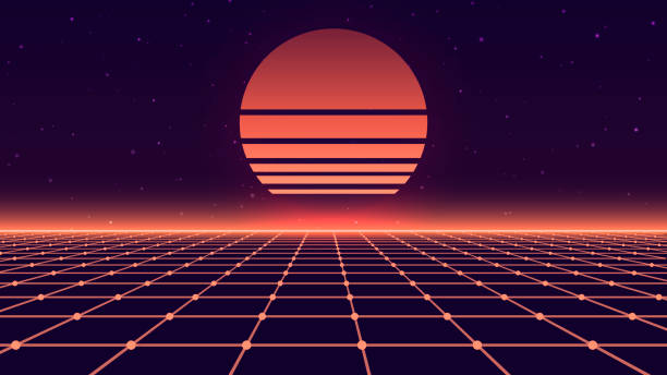 istock Abstract futuristic background in retro style. Digital perspective grid landscape with sun of the 80s. Wireframe vector illustration. 1667473356