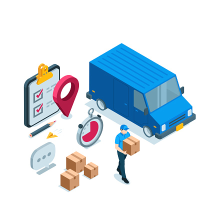 isometric delivery car and a man with a box in a courier uniform in color on a white background, postal or courier service