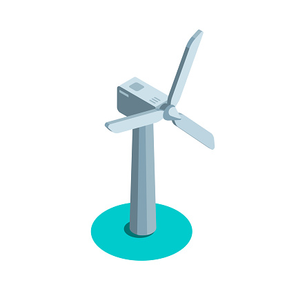 wind turbine isometric icon in color on white background, green energy or clean