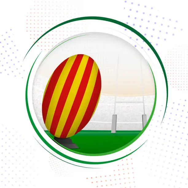 Vector illustration of Flag of Catalonia on rugby ball. Round rugby icon with flag of Catalonia.